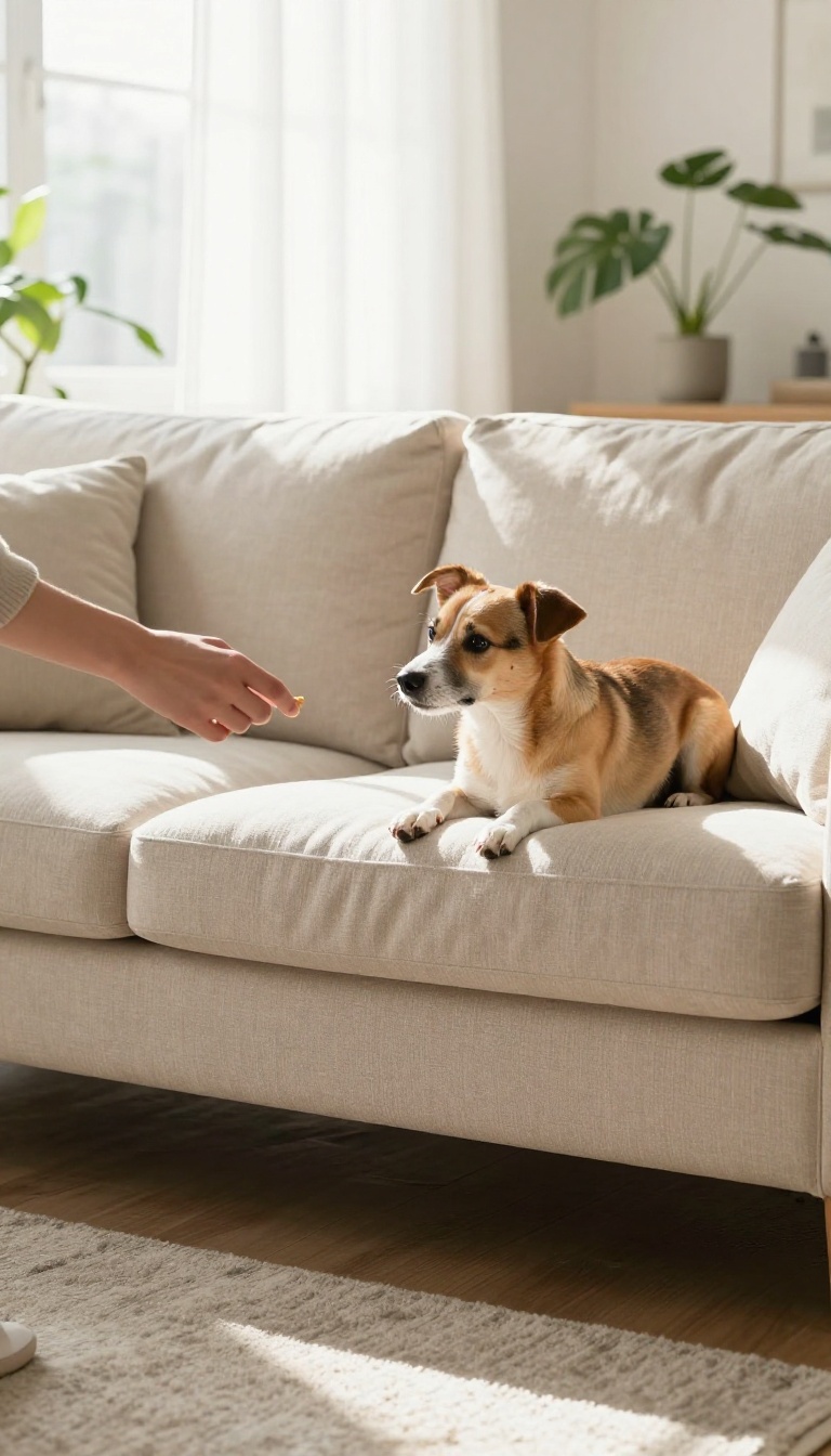 A dog hiding behind a sofa during a game of hide and seek, with a person offering a treat.