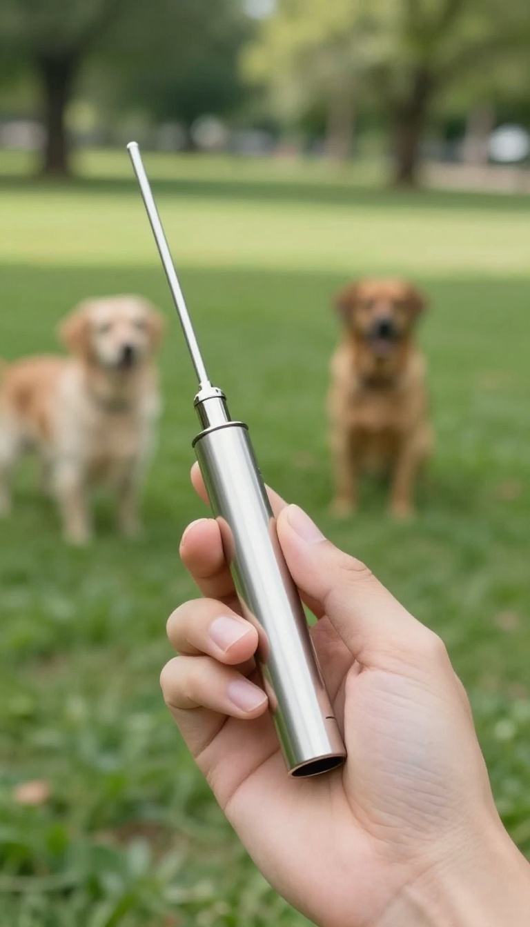 Person blowing a whistle while a dog looks back in a sunny park during a recall training session.
