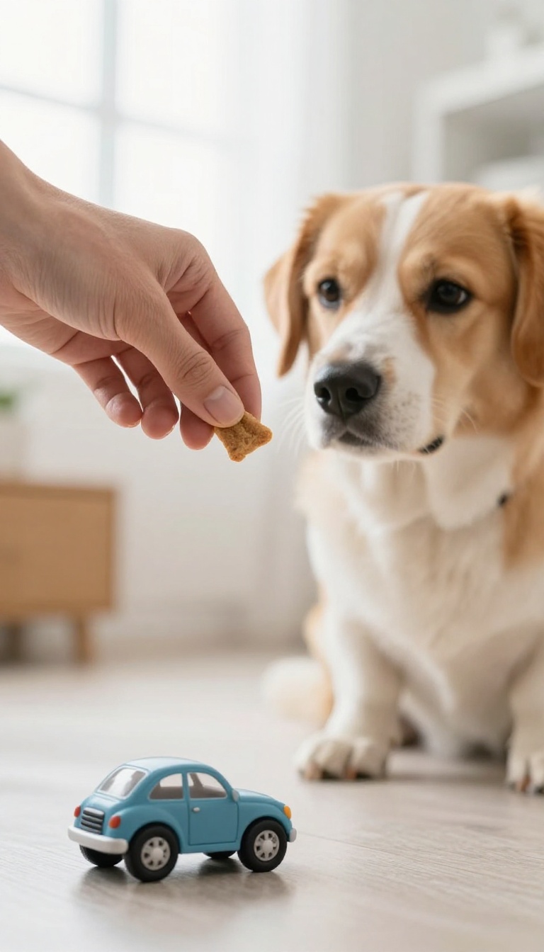 Dog owner training 'leave it' command with a treat while a toy car sits nearby in a bright living room