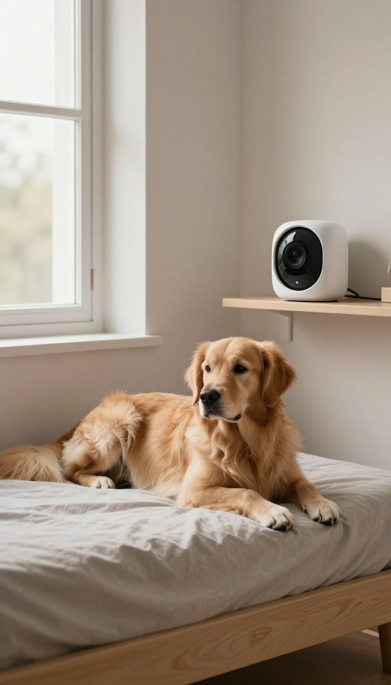 A dog resting on a bed in a bright living room, with a small pet camera on a shelf nearby, symbolizing gentle monitoring.