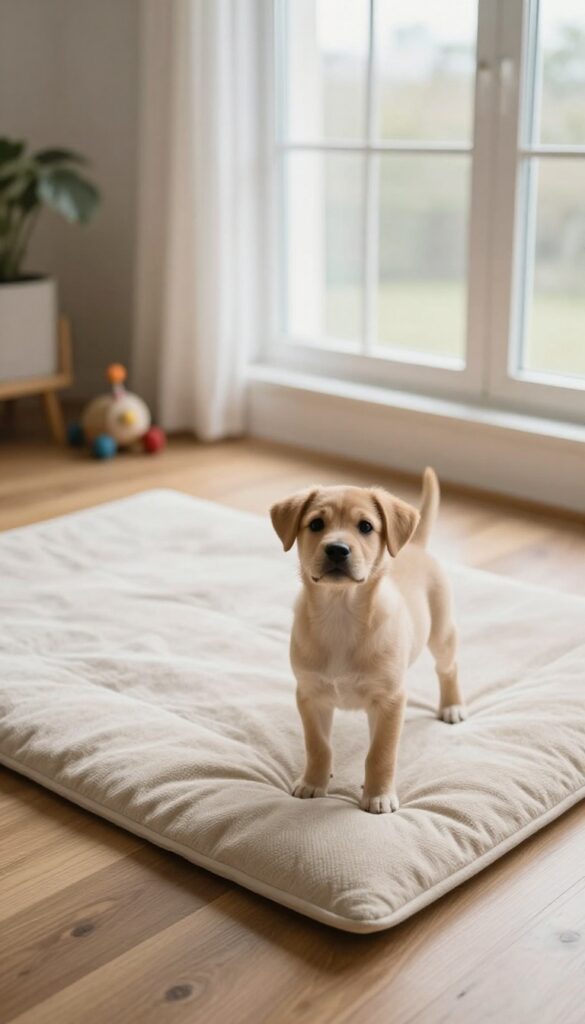 A puppy standing on a large training pad in a bright, clean room