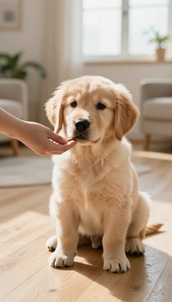 Golden retriever puppy practicing 'leave it' with a treat in a bright living room