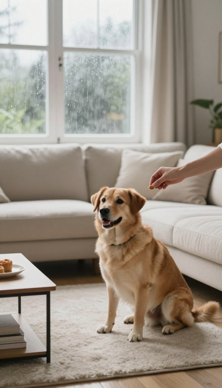 A dog waiting patiently for a tossed treat in a bright living room on a rainy day.