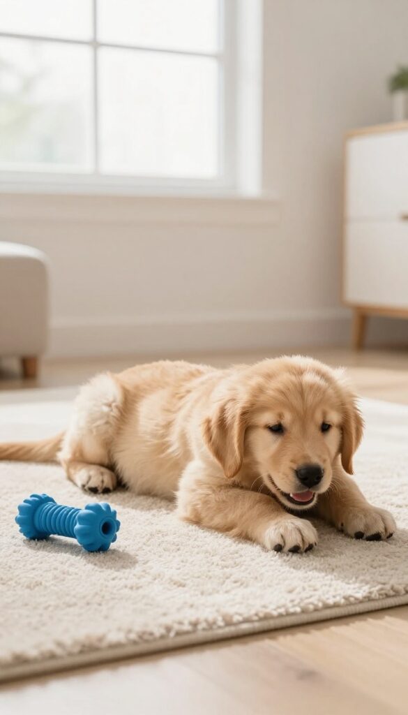 Tired puppy resting on a rug with puzzle toys nearby, illustrating the benefits of exercise and mental stimulation for reducing biting.
