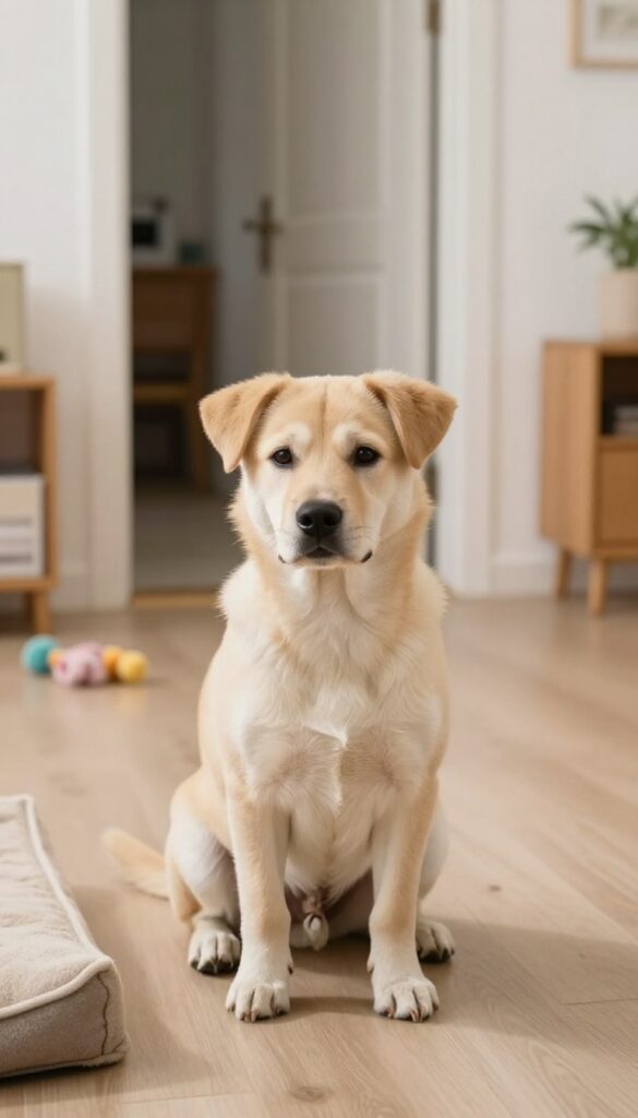 Calm puppy near open door in bright living room, representing gradual departures for separation anxiety training.