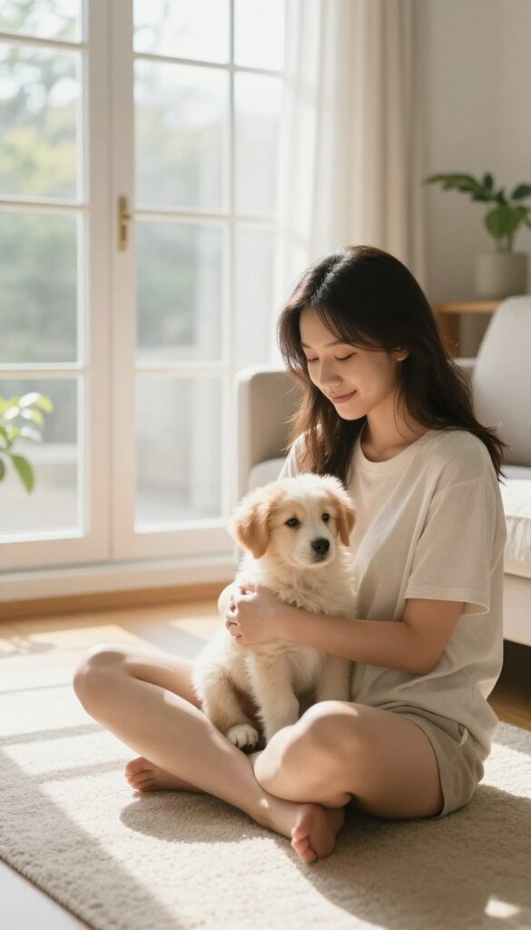 Calm person holding a relaxed puppy in a bright, peaceful living room