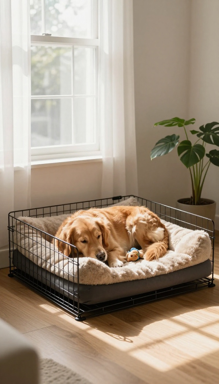 Relaxed adult dog resting in an open crate with a soft bed in a bright, cozy room