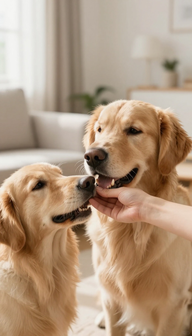 A person shaking hands with a golden retriever in a bright living room