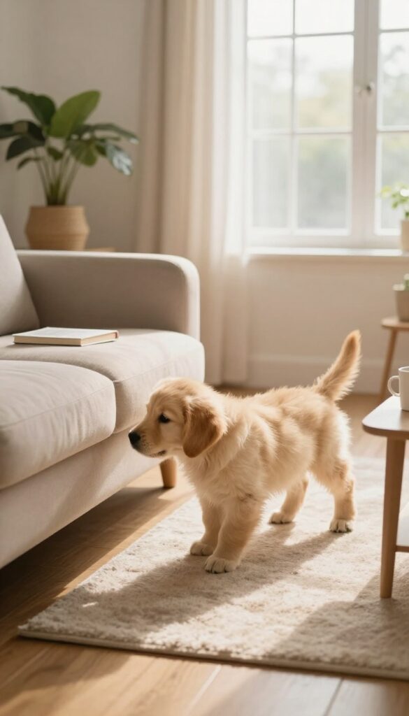 Golden retriever puppy sniffing a sofa corner in a bright, cozy living room
