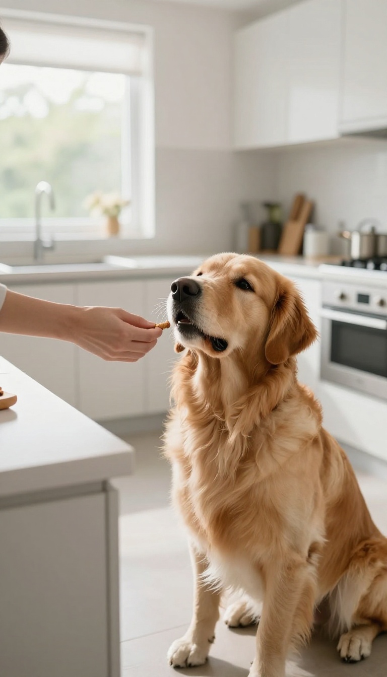 A dog sitting calmly on the kitchen floor with all four paws on the ground, receiving a treat from its owner's hand, with a bright and clean kitchen background.