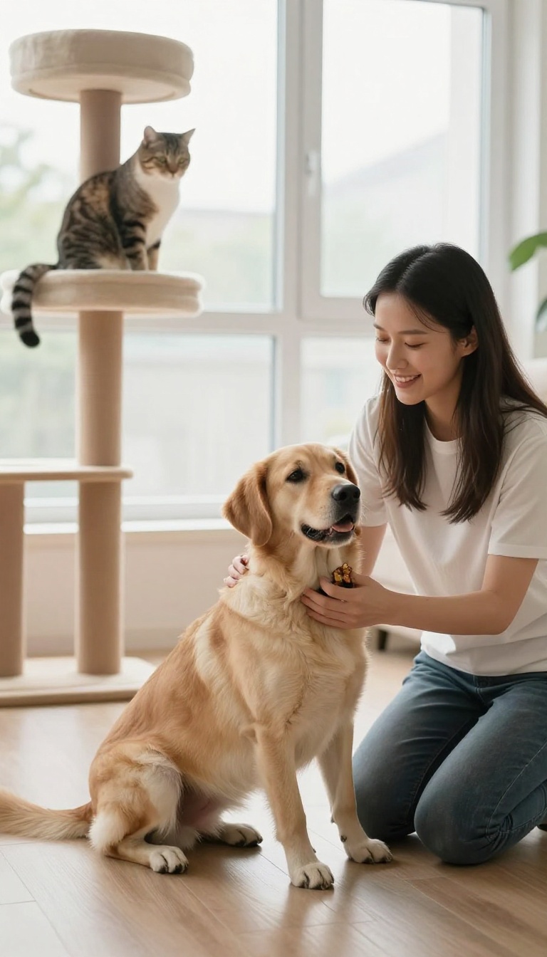 A dog trainer working calmly with a dog while a cat watches from a distance in a bright living room.