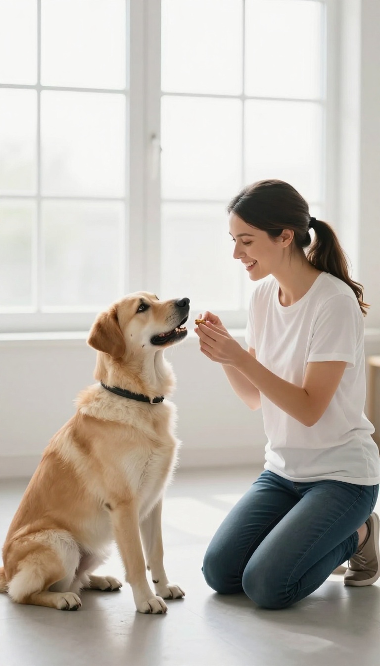 A rescue dog and a female trainer in a positive, force-free training session, with natural light and a calm atmosphere.
