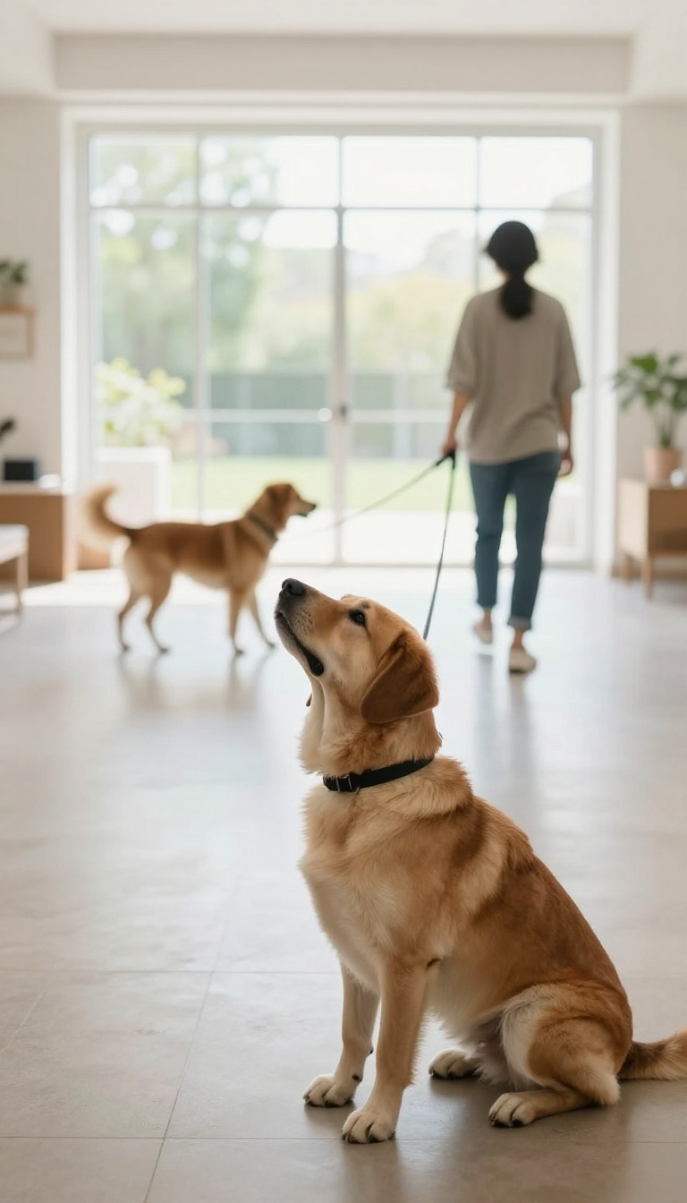 A dog sitting calmly on a leash in a bright apartment lobby, with another dog in the background, illustrating controlled socialization in shared spaces.