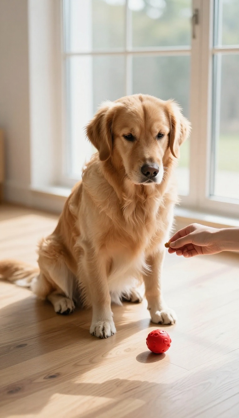 Dog calmly ignoring a toy while owner offers a treat, illustrating impulse control training.