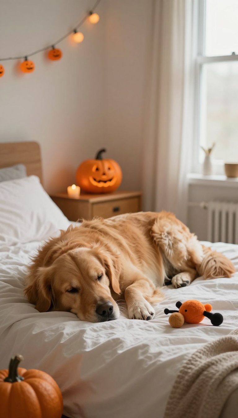 A calm dog resting on a bed in a quiet room with subtle Halloween decorations, representing a safe space away from the front door.