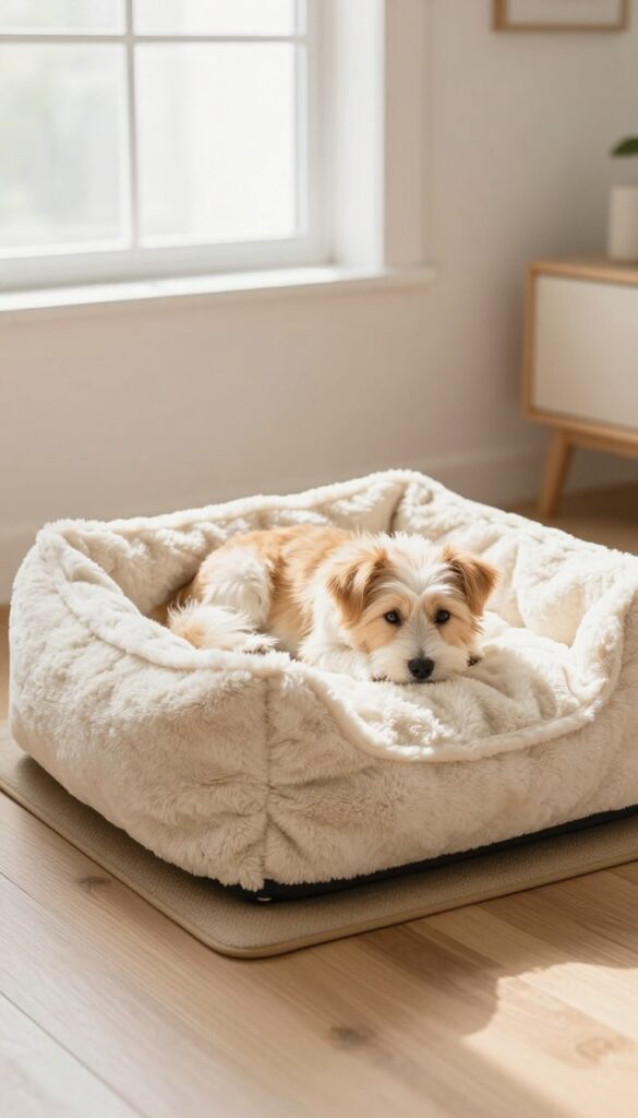 A dog resting on a homemade fleece tie blanket bed in a bright living room