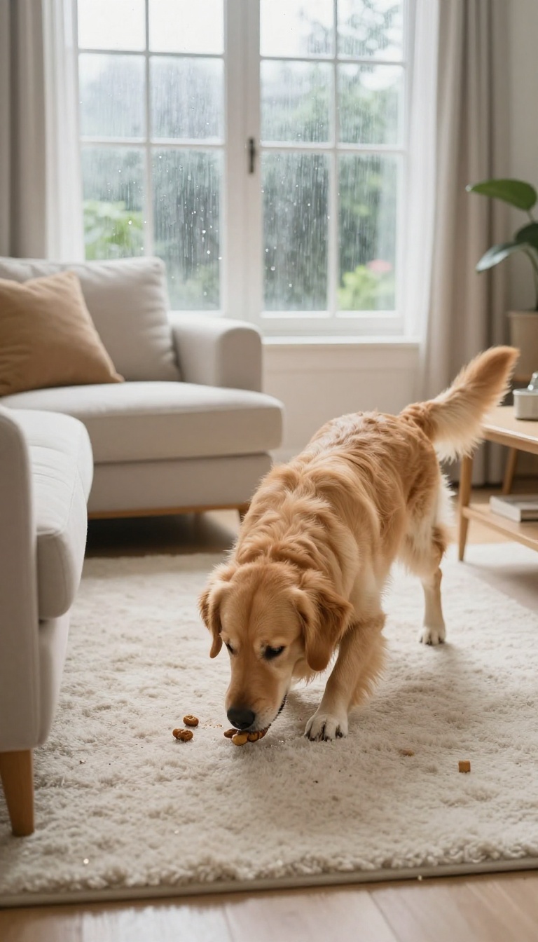 Golden retriever playing a scent game on a rainy day in a cozy living room