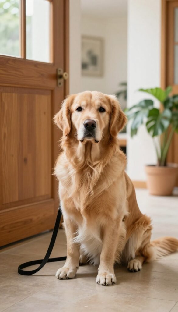 Calm golden retriever on a leash near a front door, illustrating controlled dog greetings.
