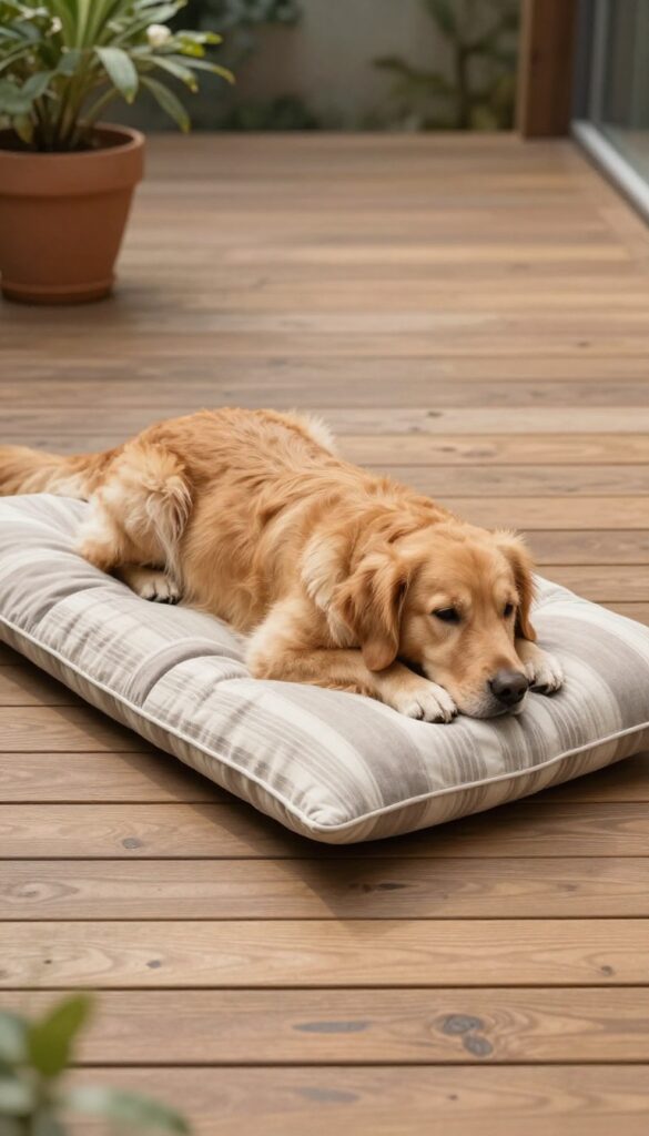 Dog resting on a weather-resistant outdoor pillow on a sunny patio
