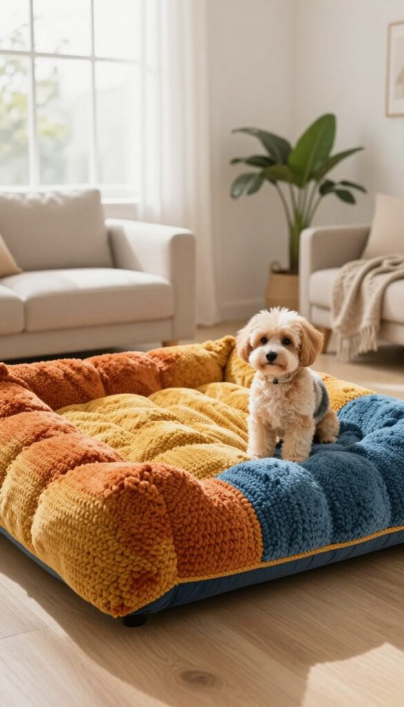 Reversible two-tone crochet dog bed with autumn and cool color sides, a small dog sitting on it in a bright living room