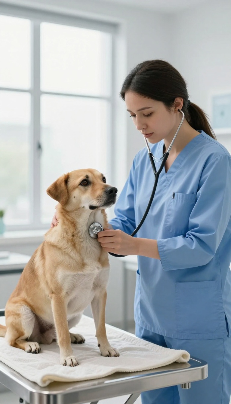 Veterinarian examining a calm rescue dog in a bright clinic