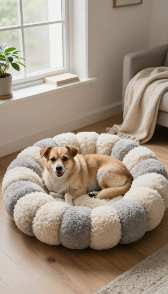 A homemade no-sew fleece knot dog bed with a dog resting on it in a bright living room