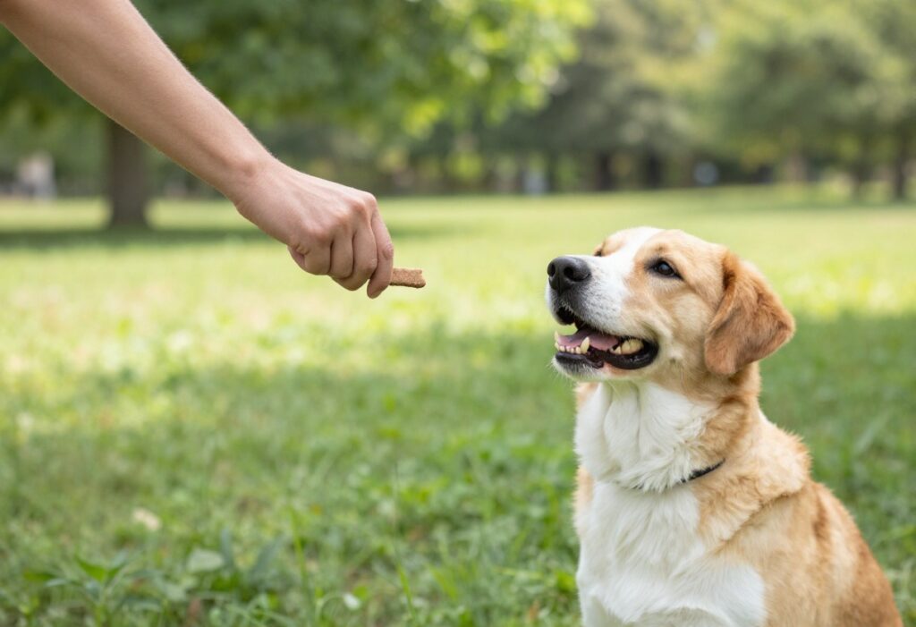 Dog owner teaching 'leave it' command with a treat in a closed fist in a park