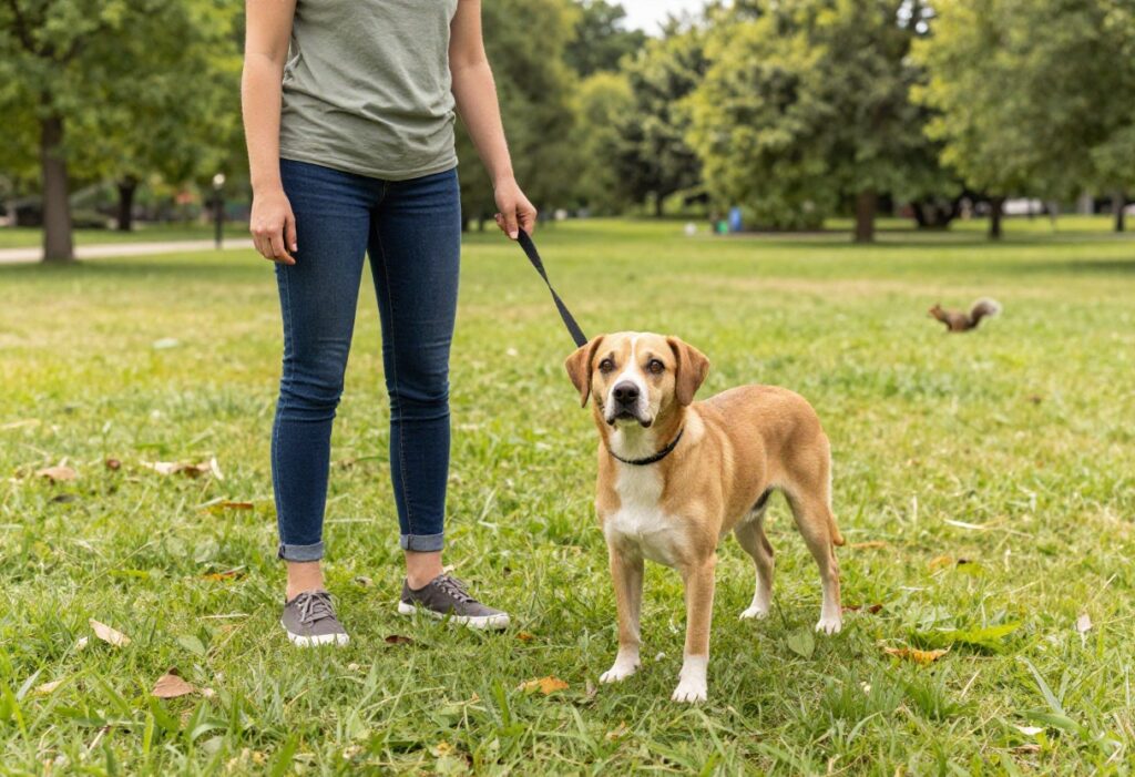 Dog owner training dog to focus in a park with a squirrel in the background