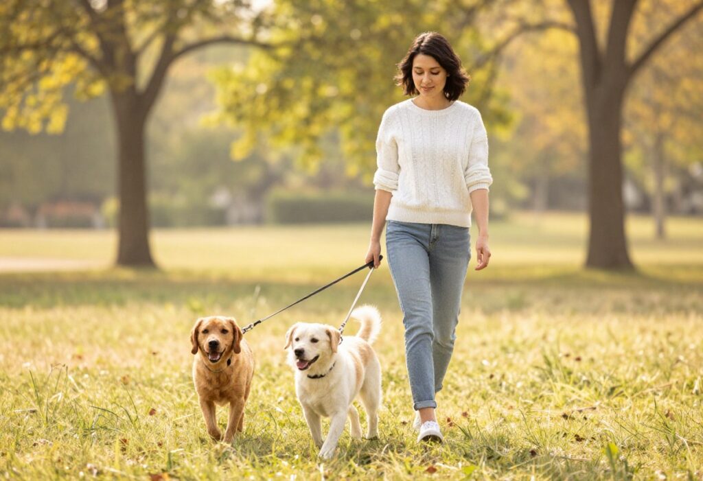 Person walking dog with loose leash in a park