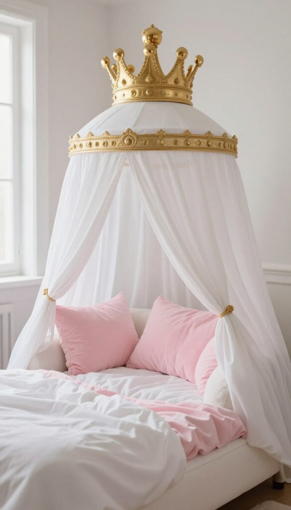 A dog canopy bed with a gold crown topper in a princess-themed room