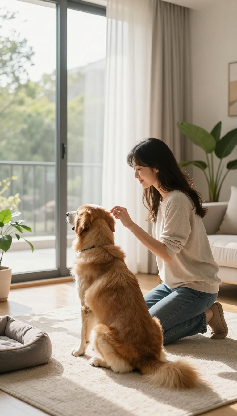 Professional dog trainer working calmly with a dog in a bright living room, redirecting attention away from a window.