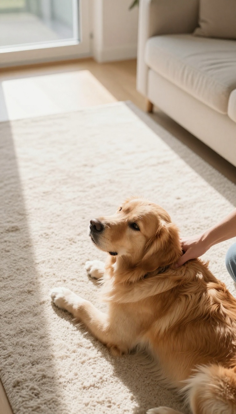 Person comforting a calm golden retriever on a rug in a bright living room