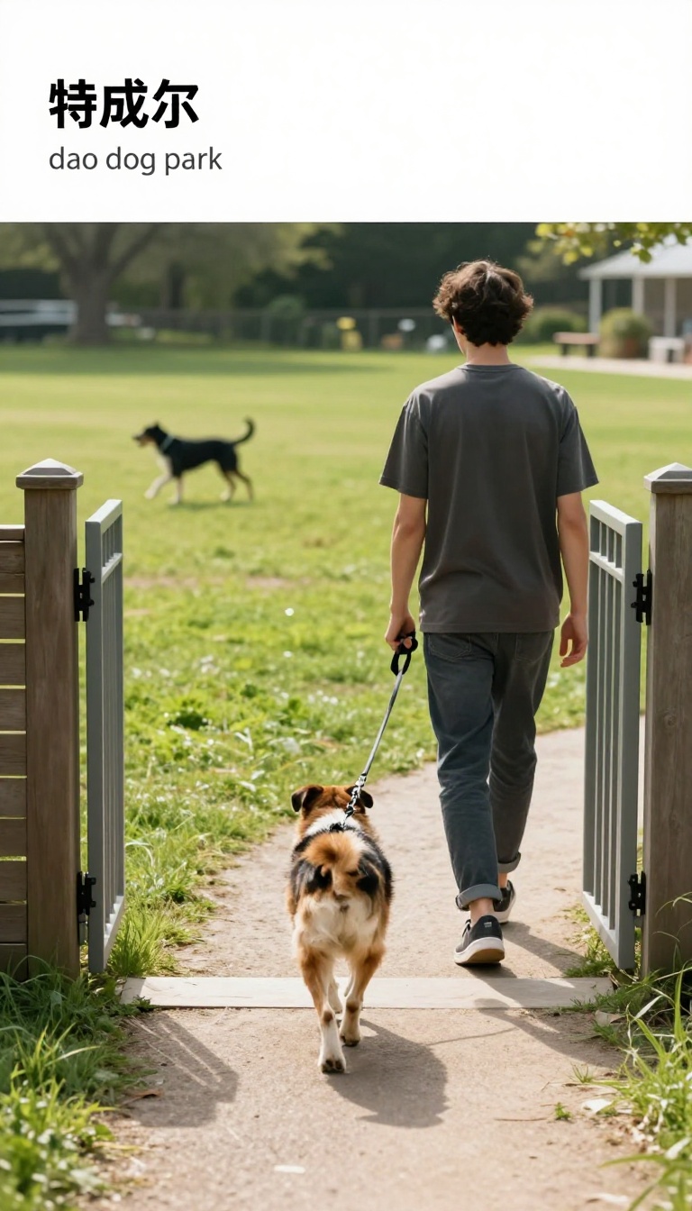 Person walking dog on leash toward dog park gate