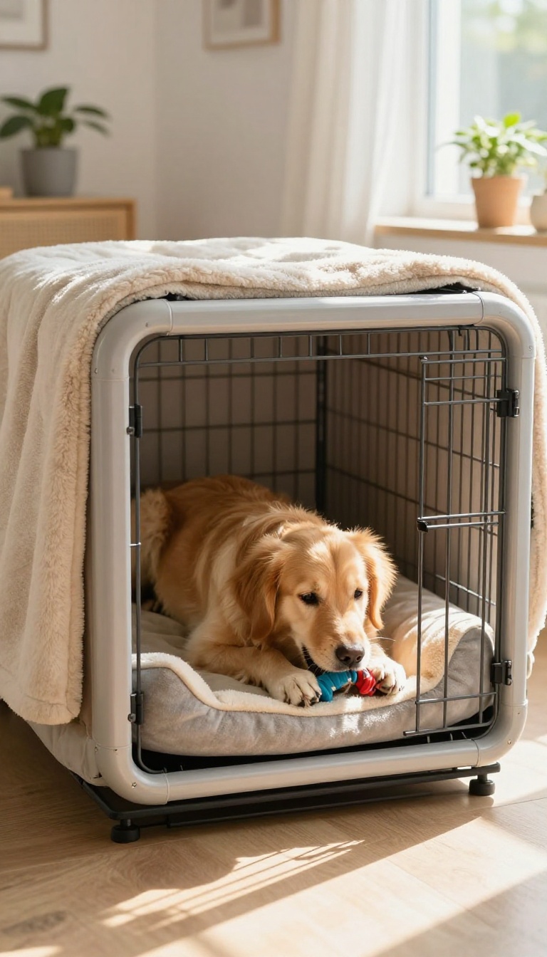 A golden retriever relaxing inside a cozy crate with a chew toy, in a bright living room.