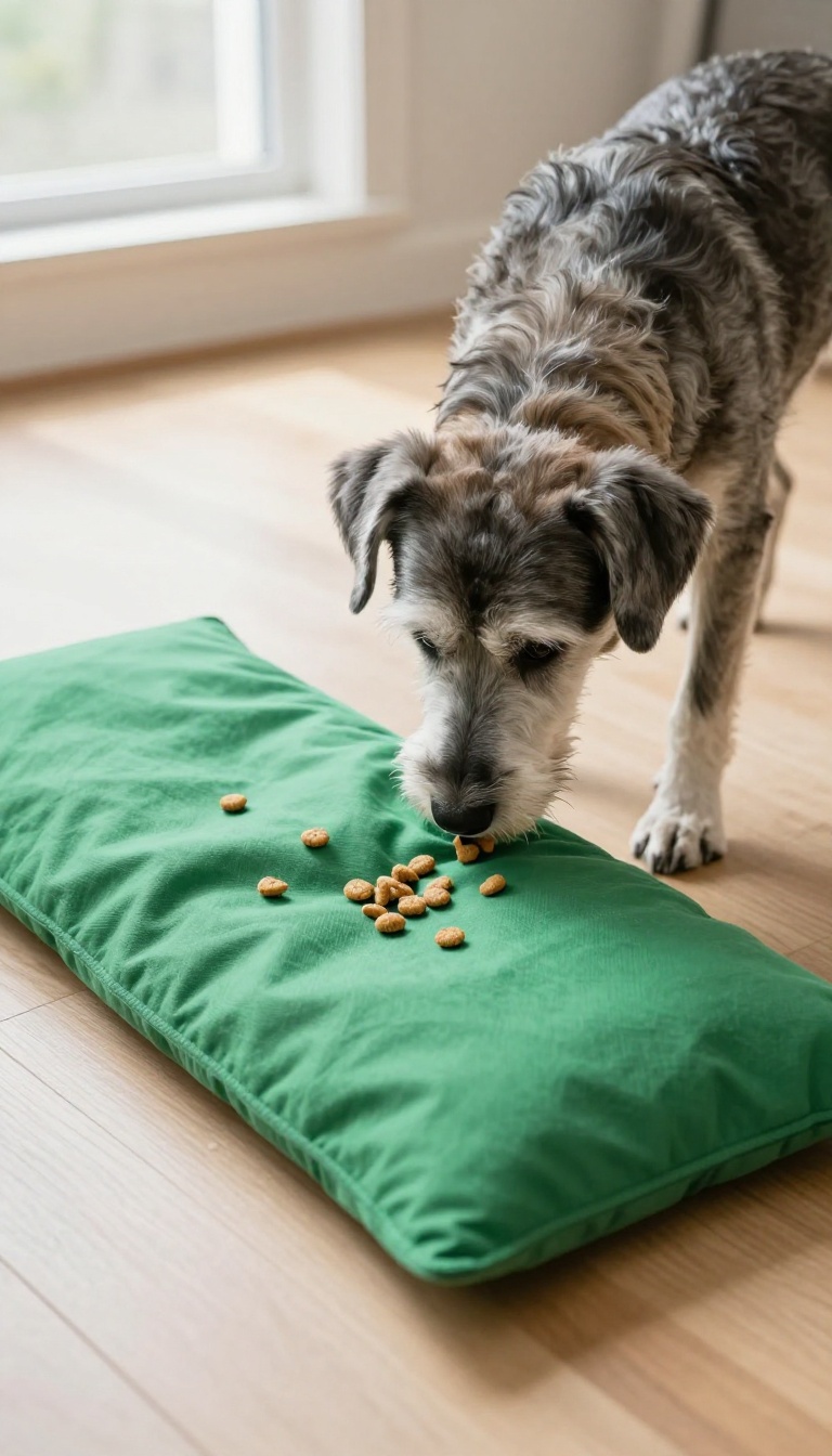 Senior dog using a snuffle mat for interactive feeding