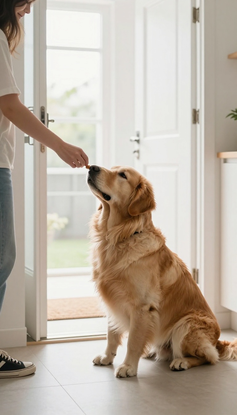 A dog sitting calmly by the front door while a person offers a treat, illustrating polite greeting practice.