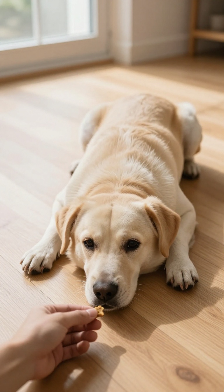 A dog lying on its side in a play dead position, looking relaxed and confident, with a treat near its nose in a bright room.