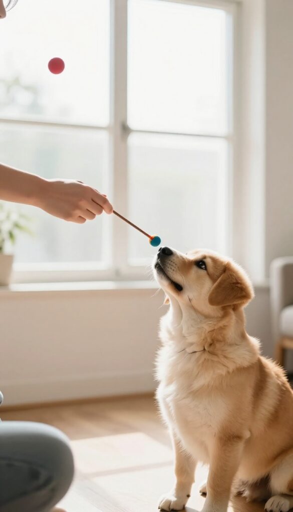 A person holding a target stick for a puppy to touch during a name training game