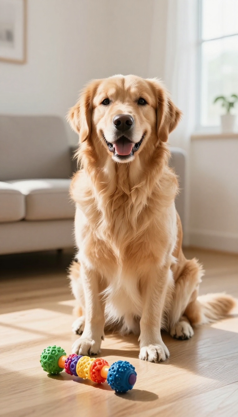 Attentive dog looking at camera with a toy on the floor nearby in a bright room