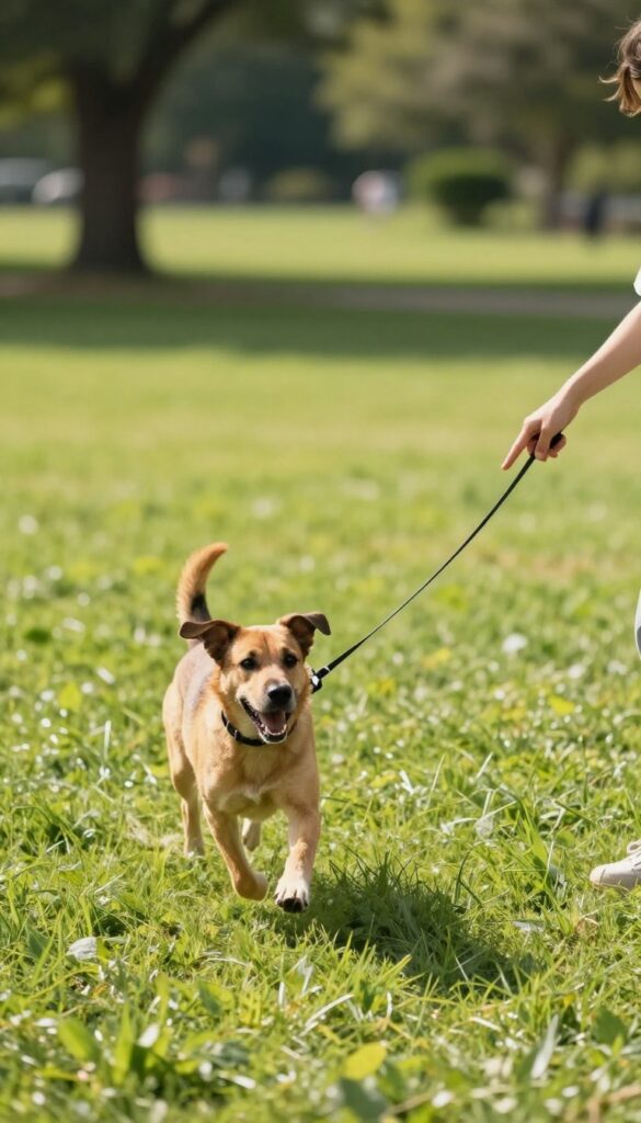 A person training a dog to run in a circle in a sunny park, demonstrating the Circle Game for directional cues