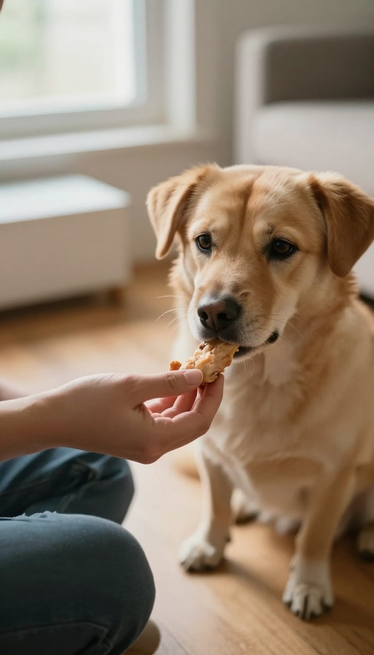 Person offering a high-value treat to a shy dog peeking from behind a sofa in a bright living room