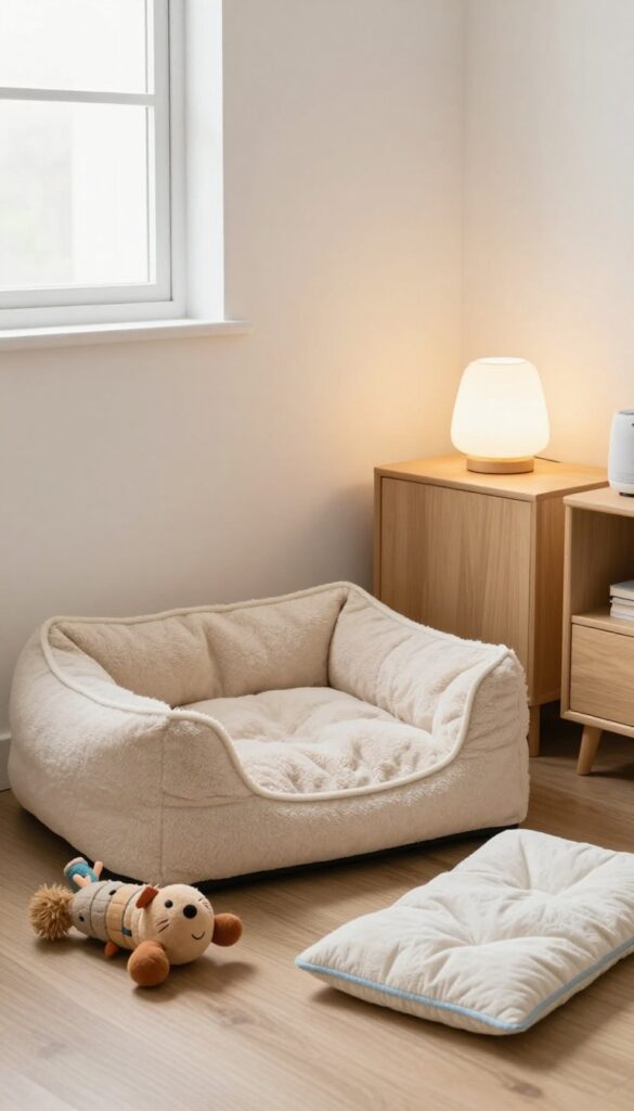 Cozy dog retreat corner with bed, blanket, and toys in a quiet bedroom