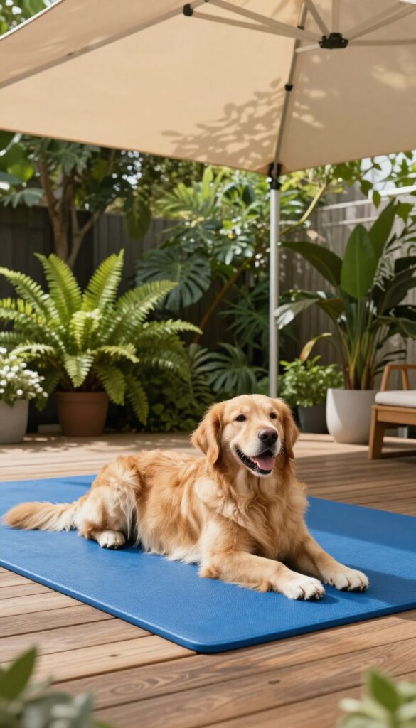 Golden retriever relaxing on a cooling gel mat under a shade sail on a wooden deck