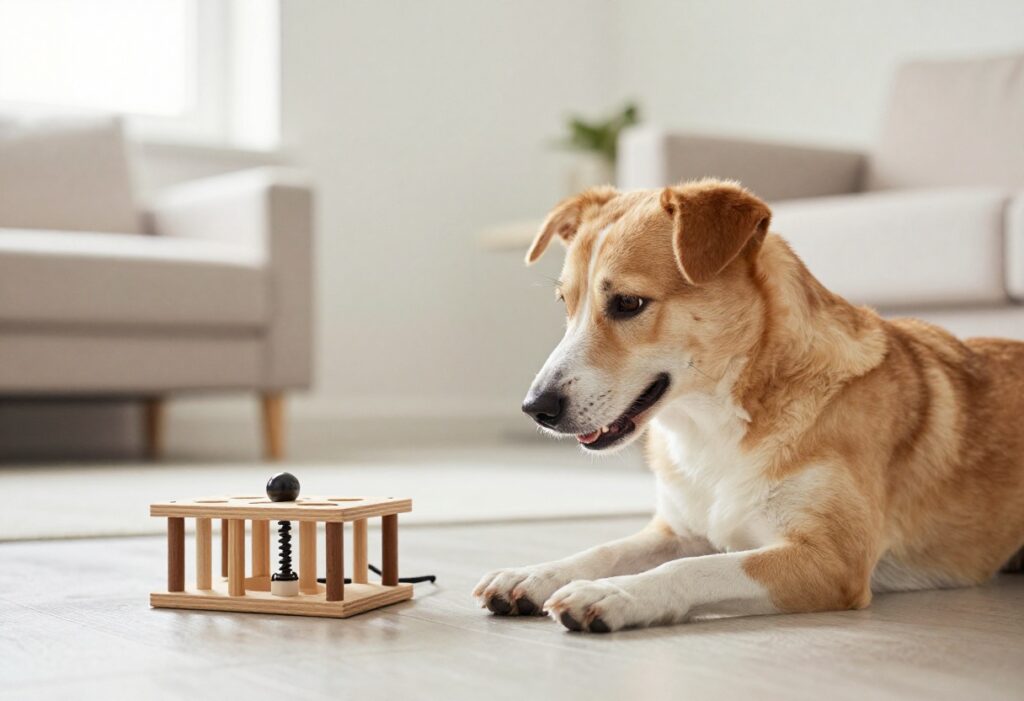Dog engaged with a mental puzzle toy in a bright room