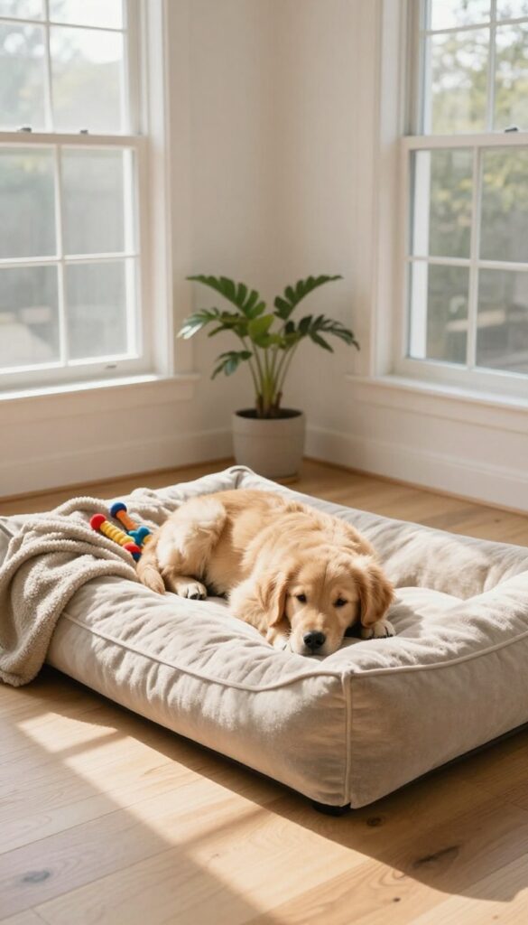 A calm and safe space for a puppy, featuring a cozy dog bed in a bright, quiet corner of a living room, with a relaxed puppy resting on it.