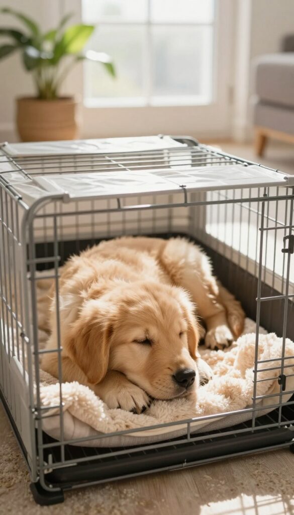 Calm puppy resting in a crate in a sunlit room