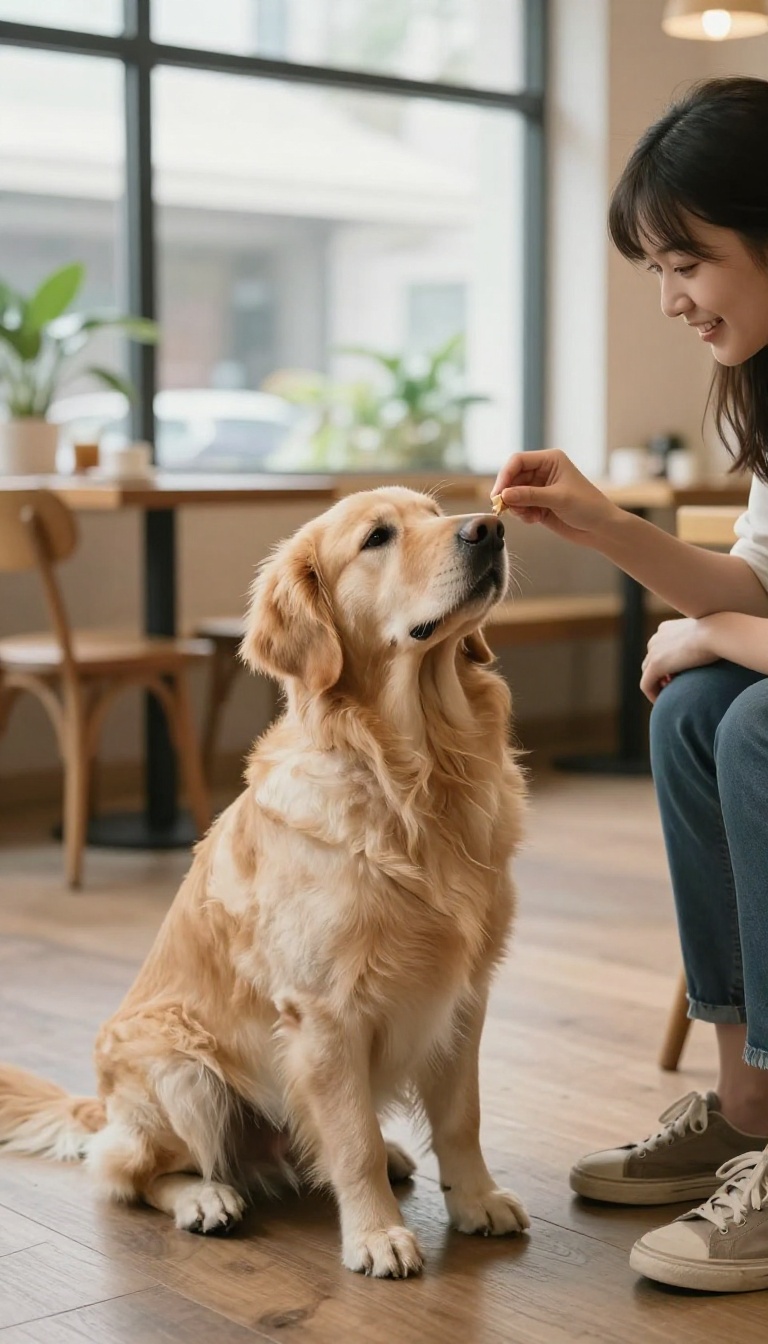 A calm dog being rewarded for quiet behavior in a bright café