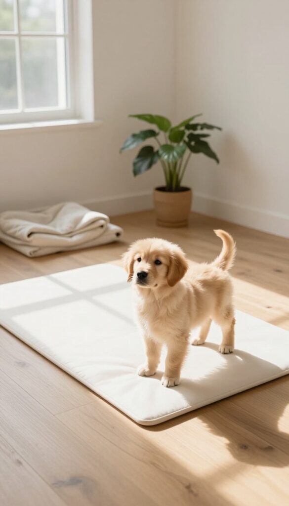 A golden retriever puppy standing on a white puppy pad in a bright, consistent corner of a living room.
