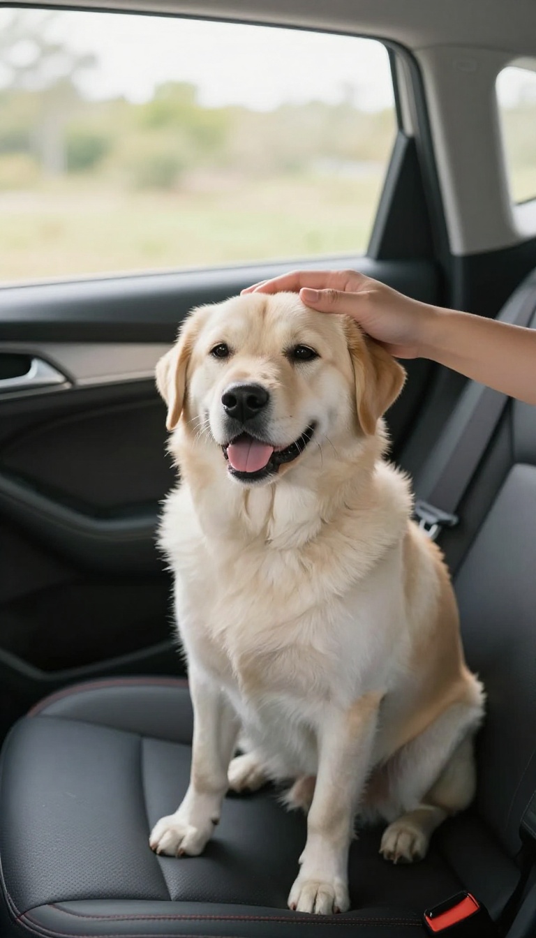 A calm dog in a car with a veterinarian's hand petting it gently, conveying professional care for anxiety relief.