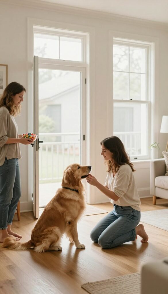 A woman calmly rewarding her dog while a helper answers the door during Halloween, illustrating teamwork for peaceful doorway manners.